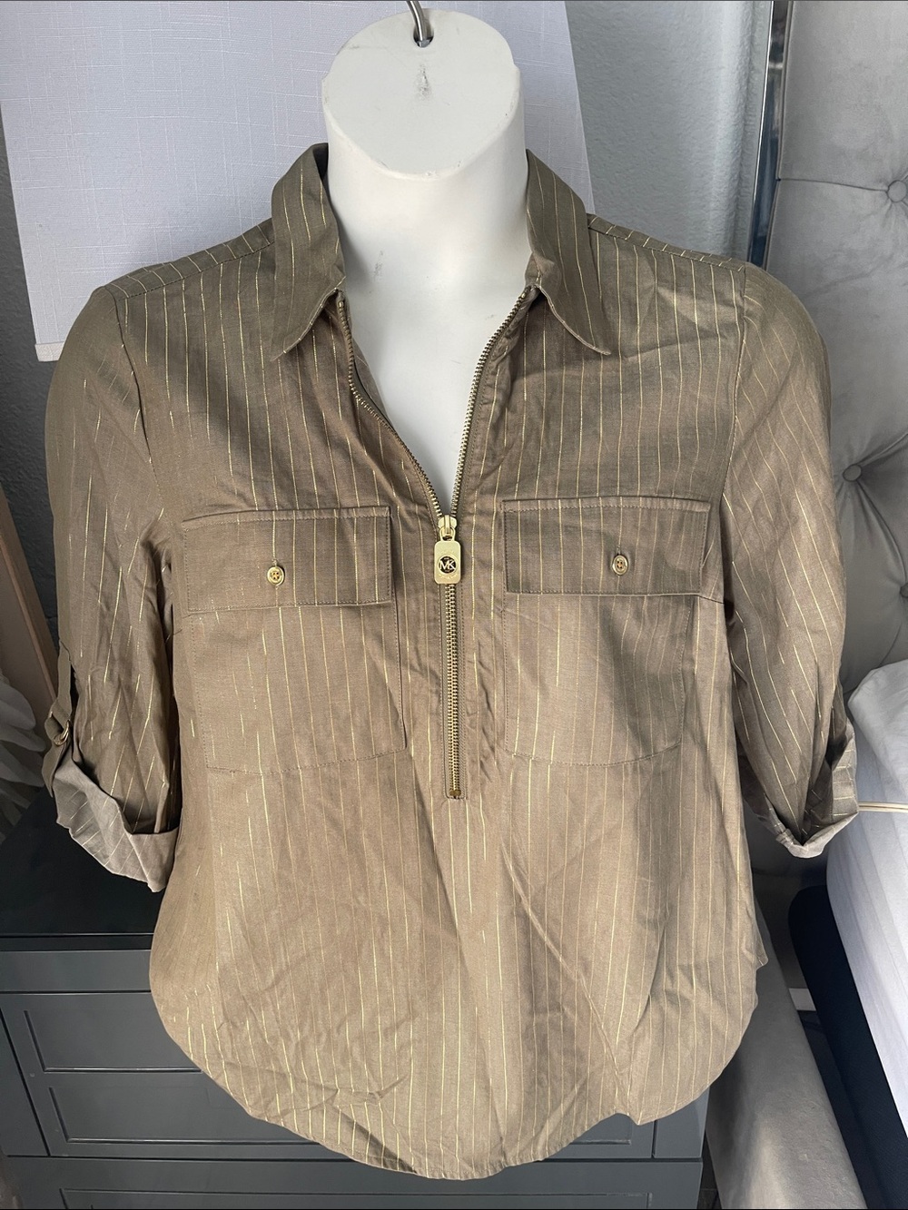 Michael Kors  Safari green Top with Gold Pinstripes
